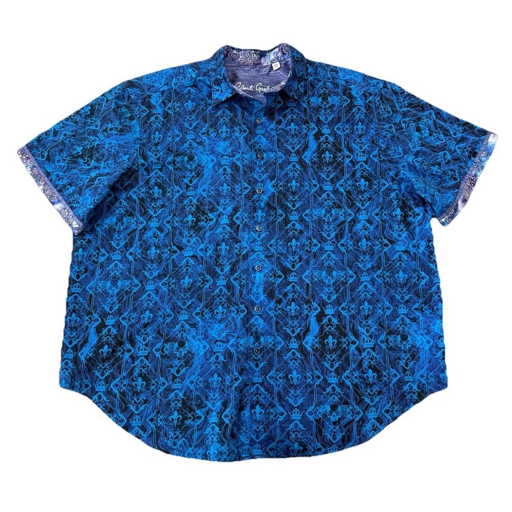 Robert Graham Men's 1X Short Sleeve Blue Black Skulls & Crown Button Up Shirt
